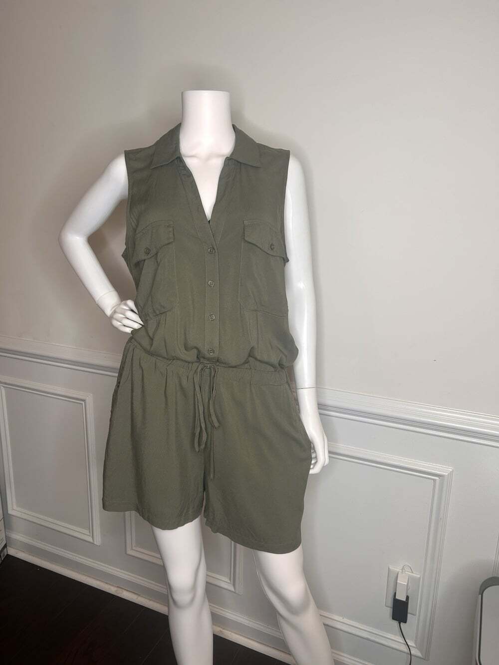 Lascana Sleeveless Drawstring Romper, Olive Green, Sz.12 - Picture 4 of 15